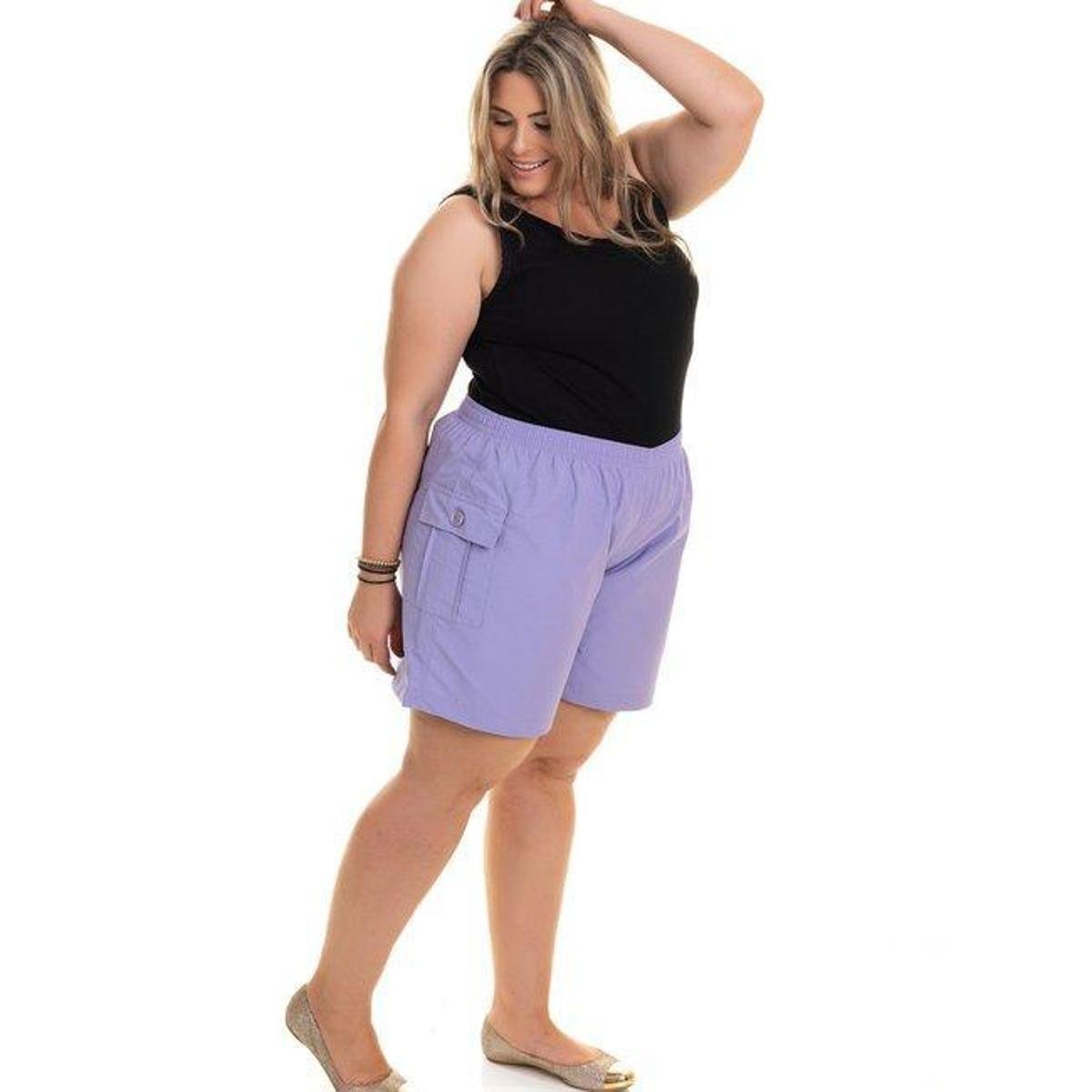 Bermuda Feminina Plus Size Sarja Bolso Cargo Elástico Cintura - Serena - Lilás Menor preço em Bermuda Feminina Plus Size Sarja Bolso Cargo Elástico Cintura - Serena - Lilás