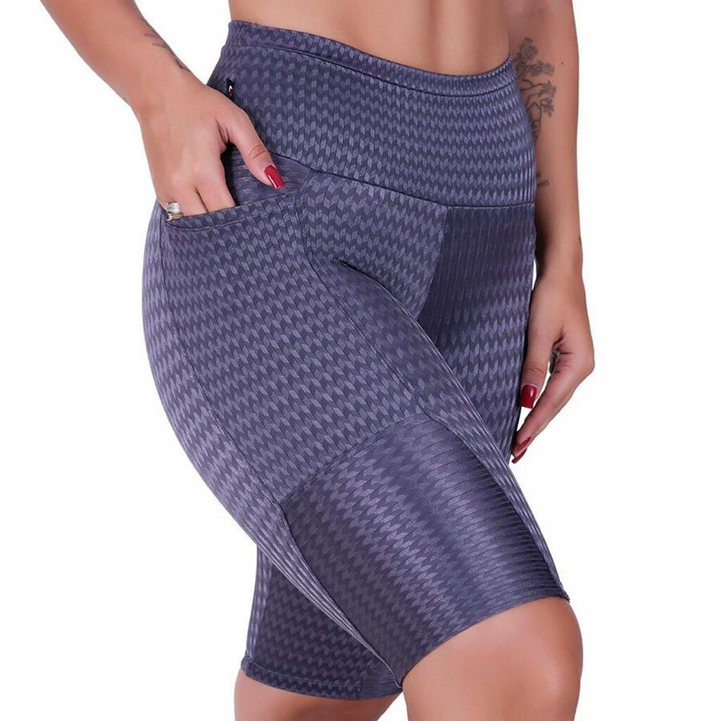 Bermuda Fitness Feminina Bolso Cós Alto Cirre Textura Brilho Orbis - G, AZUL BIC