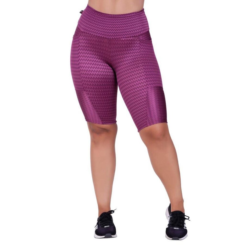 Bermuda Fitness Feminina Bolso Cós Alto Cirre Textura Brilho Orbis - G, AZUL BIC