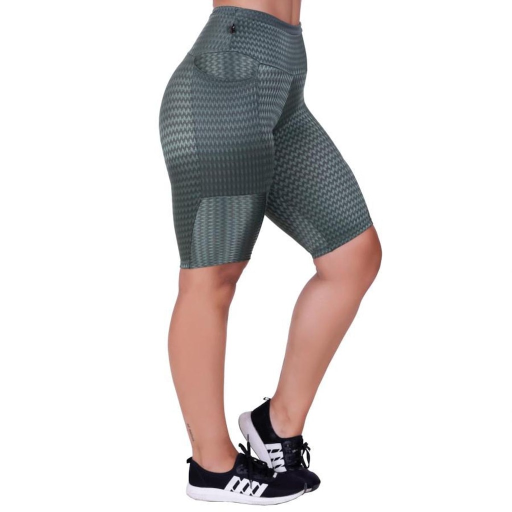 Bermuda Fitness Feminina Bolso Cós Alto Cirre Textura Brilho Orbis - G, AZUL BIC