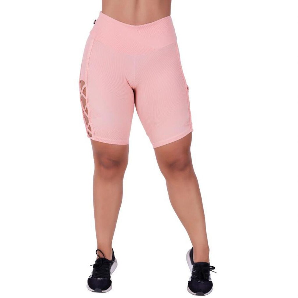 Bermuda Fitness Feminina Tiras Lateral Cós Alto Jacquar Orbis - Preto, G