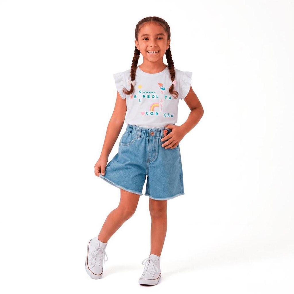 Bermuda Infantil Menina Borboletando Jeans Alphabeto