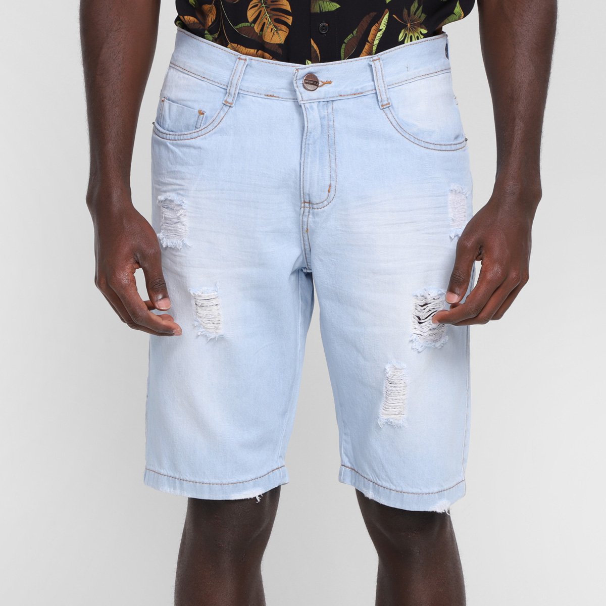 Bermuda Jeans Ecxo Com Puídos Masculina - Azul Claro Menor preço em Bermuda Jeans Ecxo Com Puídos Masculina - Azul Claro