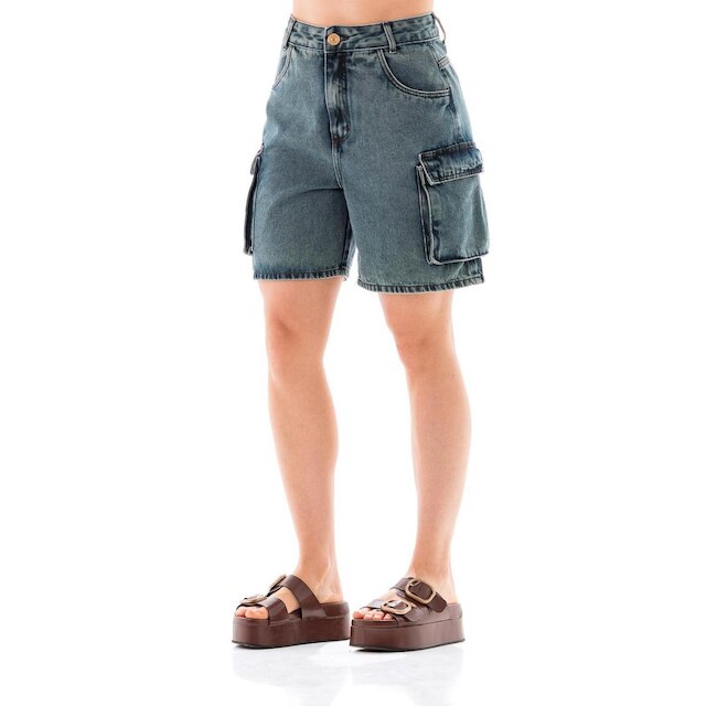 Bermuda Jeans Feminina Arauto Mom Cargo Brown