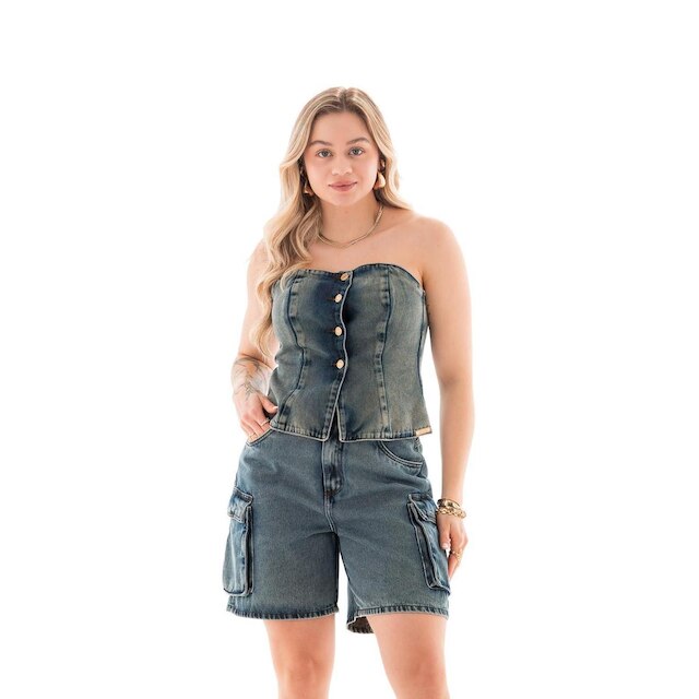 Bermuda Jeans Feminina Arauto Mom Cargo Brown
