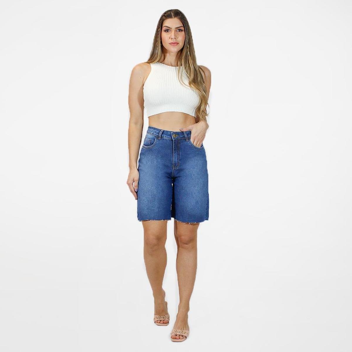 Bermuda Jeans Feminina Cintura Alta Barra Cortada a Fio - Azul é ruim? Bermuda Jeans Feminina Cintura Alta Barra Cortada a Fio - Azul é boa?
