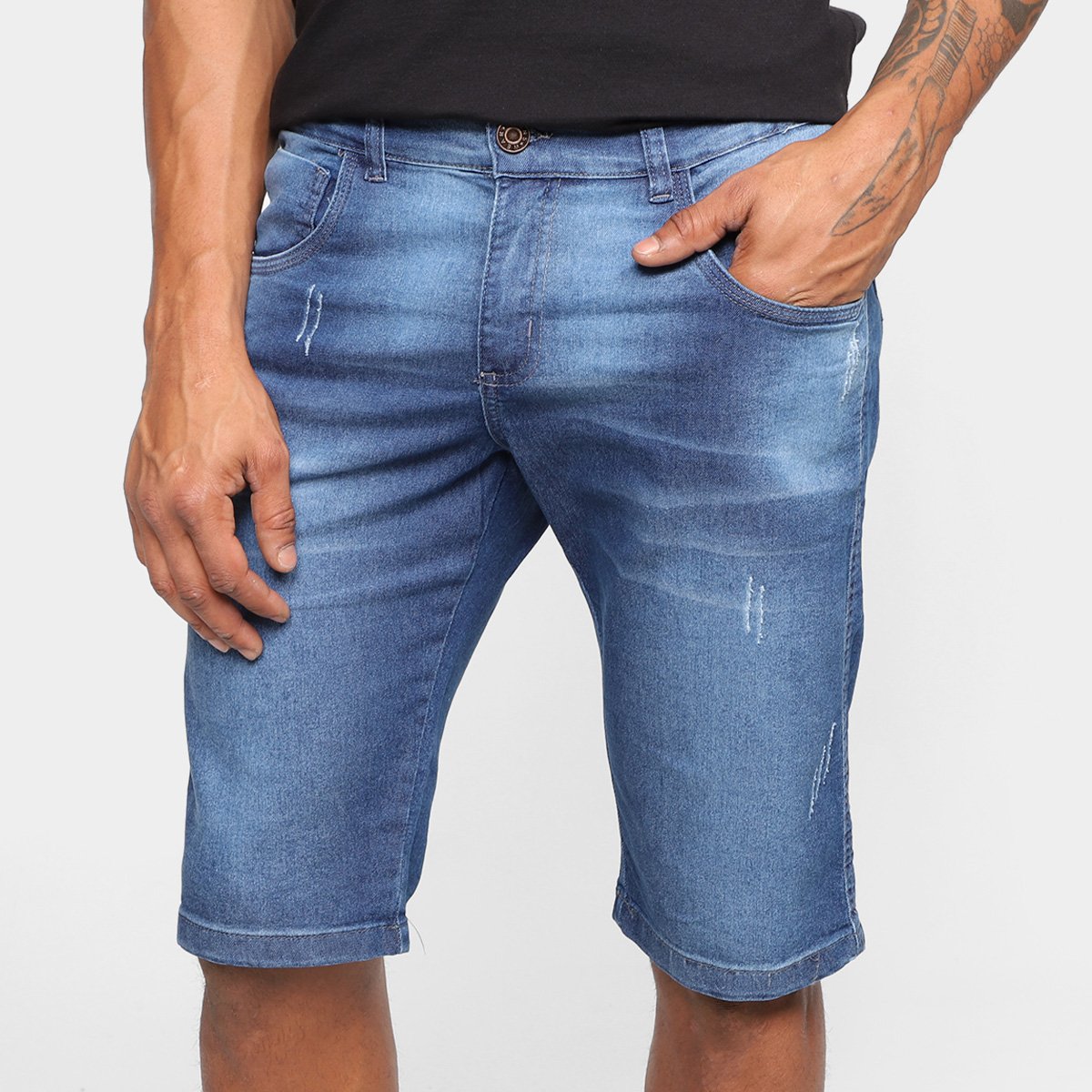 Bermuda Jeans Grifle Estonada Masculina - Azul Menor preço em Bermuda Jeans Grifle Estonada Masculina - Azul