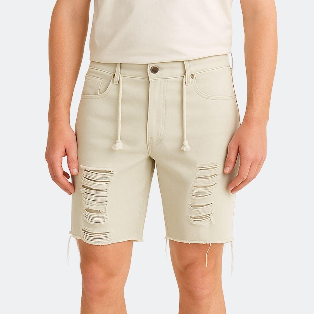 Bermuda Jeans Masculina Destroyed com Elastano e Bolsos Funcionais