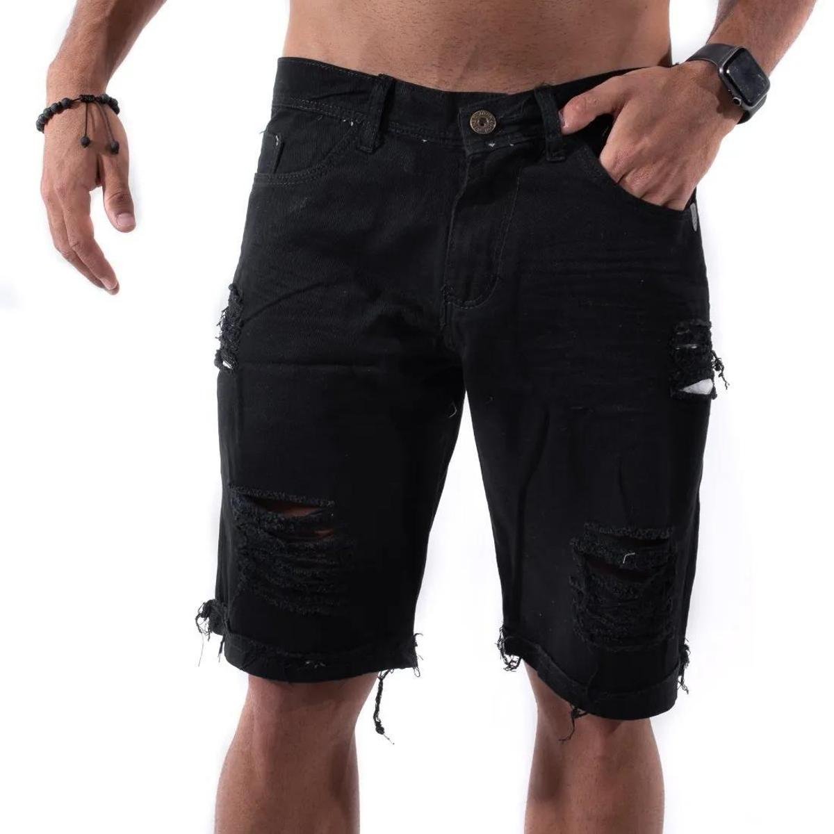 Bermuda Jeans mooboo Reta Destroyed Short Jeans Destroyed Rasgadas Desfiada - Preto Menor preço em Bermuda Jeans mooboo Reta Destroyed Short Jeans Destroyed Rasgadas Desfiada - Preto