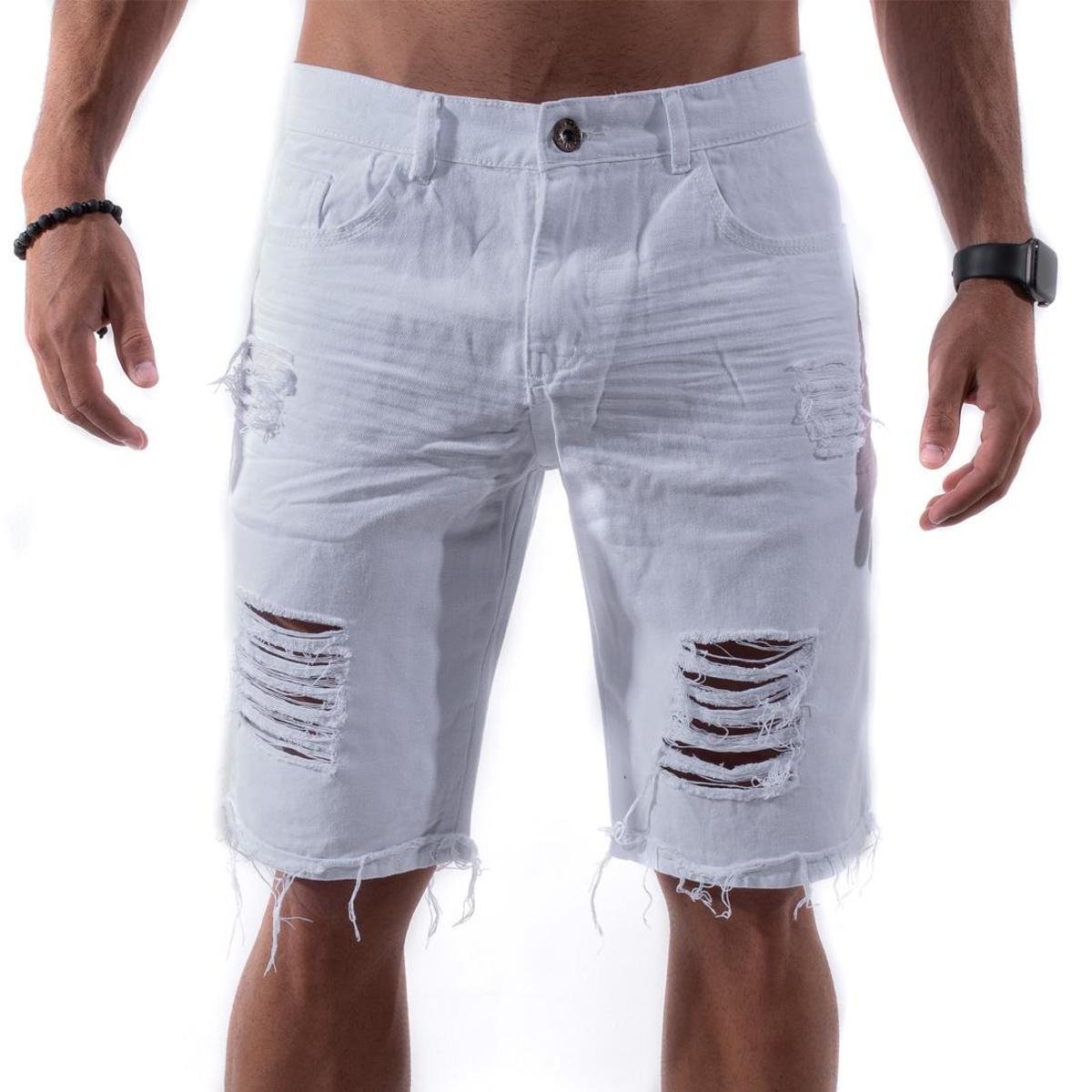 Bermuda Jeans mooboo Reta Destroyed Short Jeans Destroyed Rasgadas Desfiada - Branco Menor preço em Bermuda Jeans mooboo Reta Destroyed Short Jeans Destroyed Rasgadas Desfiada - Branco