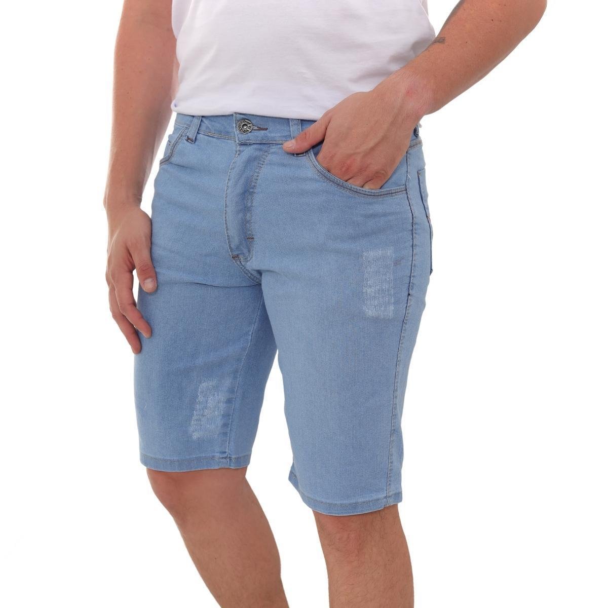 Bermuda Masculina Jeans Delave Premium Moda Fashion Detalhes Puídos Laterais Lavagem Comfort Menor preço em Bermuda Masculina Jeans Delave Premium Moda Fashion Detalhes Puídos Laterais Lavagem Comfort