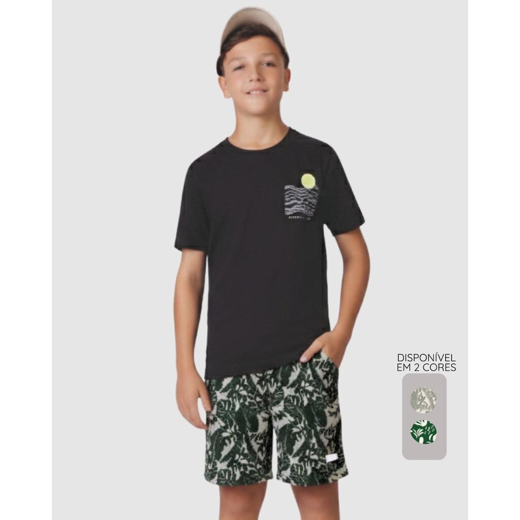 Bermuda micro folhas verão estilosa leve confortável - Cinza e Verde - Masculino 12 a 18 anos