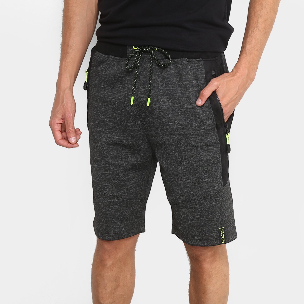Bermuda Moletom Broken Rules Neon Bolso Zíper Masculina - Cinza Claro Menor preço em Bermuda Moletom Broken Rules Neon Bolso Zíper Masculina - Cinza Claro