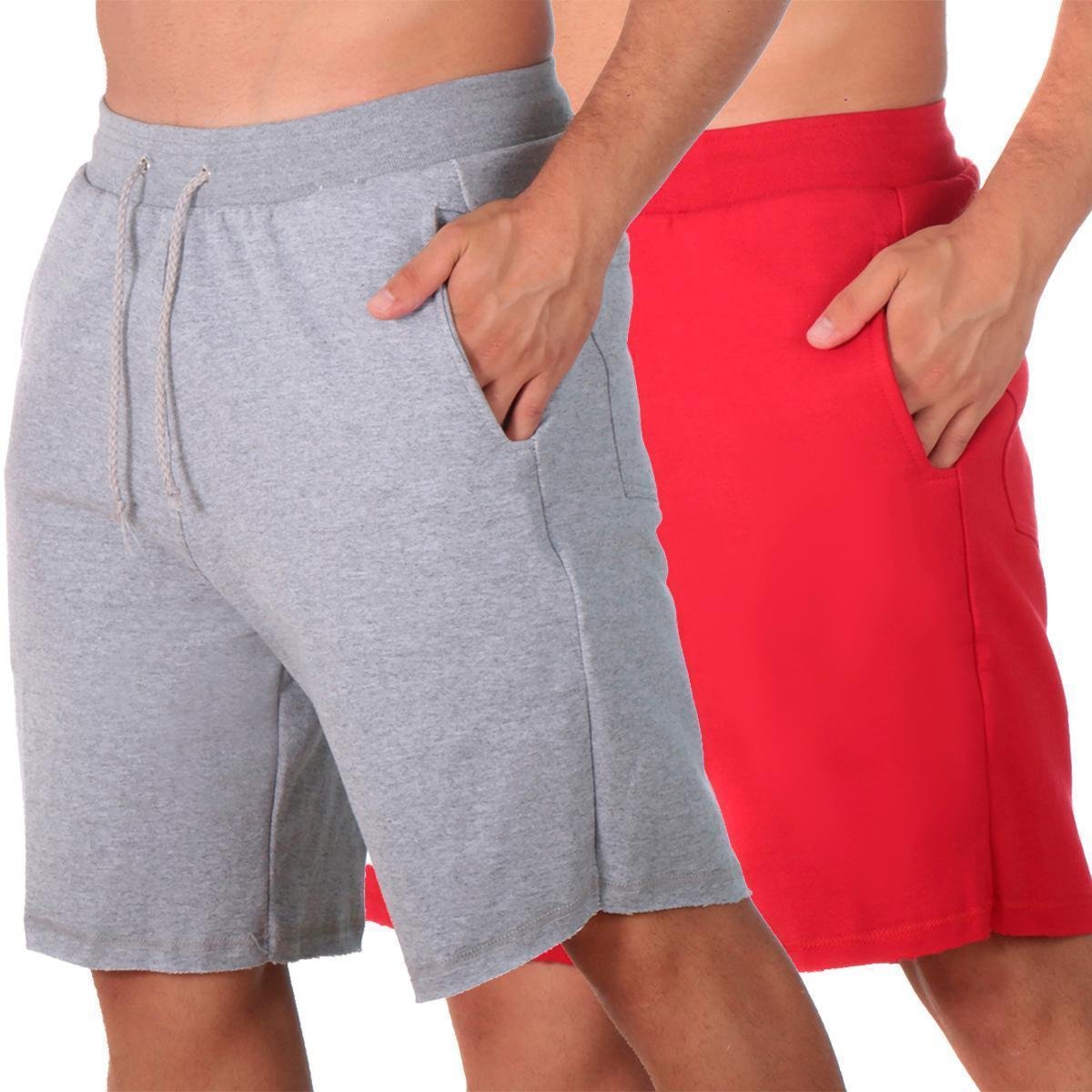 Bermuda Moletom Masculina Kit 2 Peças Sem Estampa Com Bolso - Cinza+Vermelho Menor preço em Bermuda Moletom Masculina Kit 2 Peças Sem Estampa Com Bolso - Cinza+Vermelho