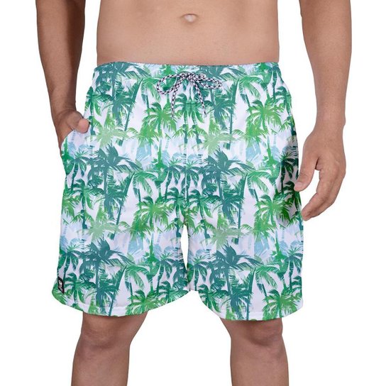 Bermuda Tactel Masculina Estampa Tropical Verão Praia Dia - Branco+Verde