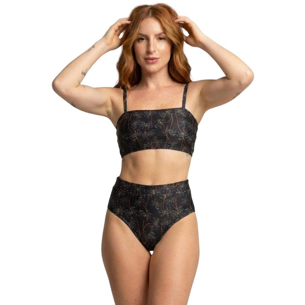Biquíni Cropped Hot Pants Top Faixa Estampado Serra e Mar Cintura Alta Para Verão Praia Confortavel