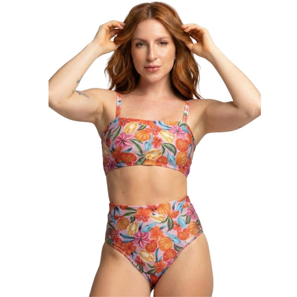 Biquíni Cropped Hot Pants Top Faixa Estampado Serra e Mar Cintura Alta Para Verão Praia Confortavel