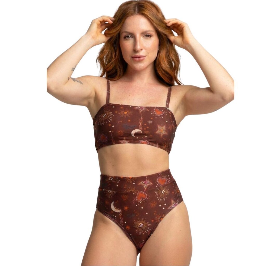 Biquíni Cropped Hot Pants Top Faixa Estampado Serra e Mar Cintura Alta Para Verão Praia Confortavel
