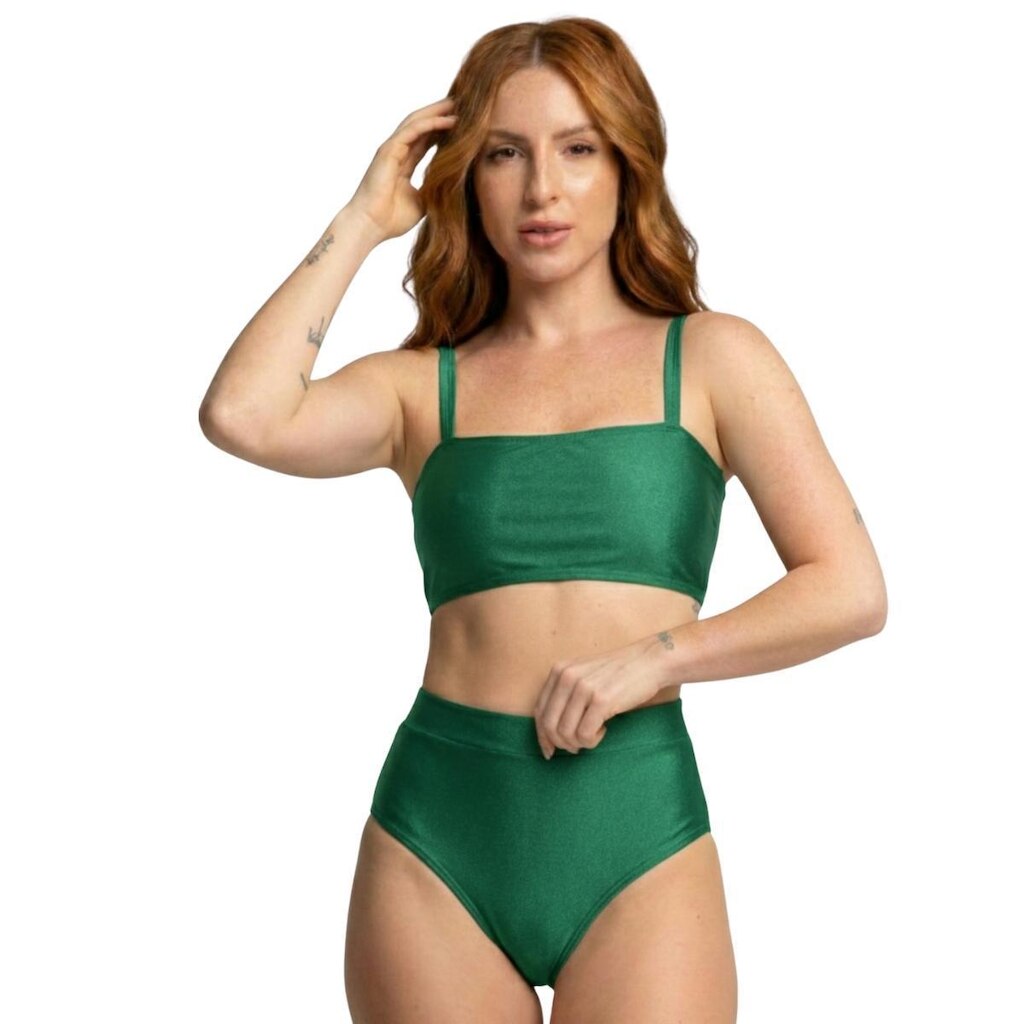 Biquíni Cropped Hot Pants Top Faixa Liso Serra e Mar Cintura Alta Para Verão Moda Praia Confortavel