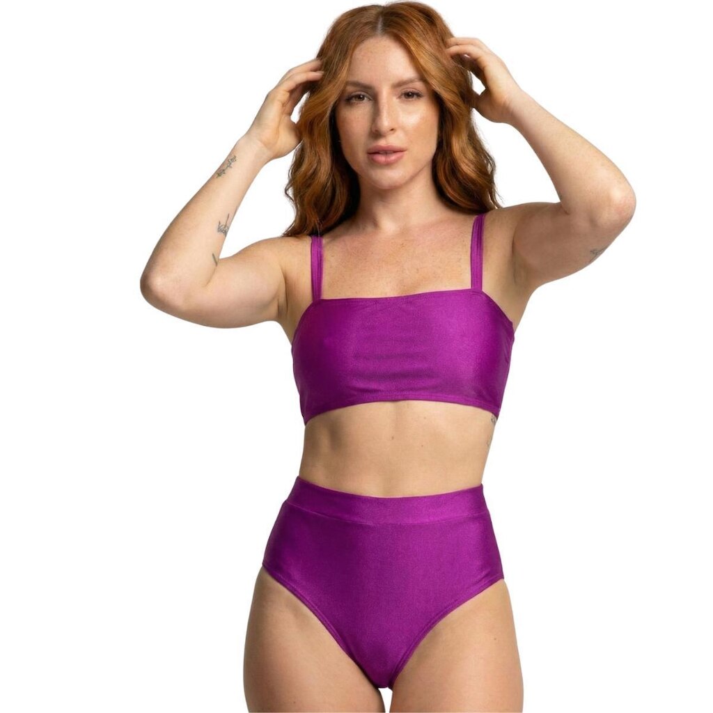 Biquíni Cropped Hot Pants Top Faixa Liso Serra e Mar Cintura Alta Para Verão Moda Praia Confortavel