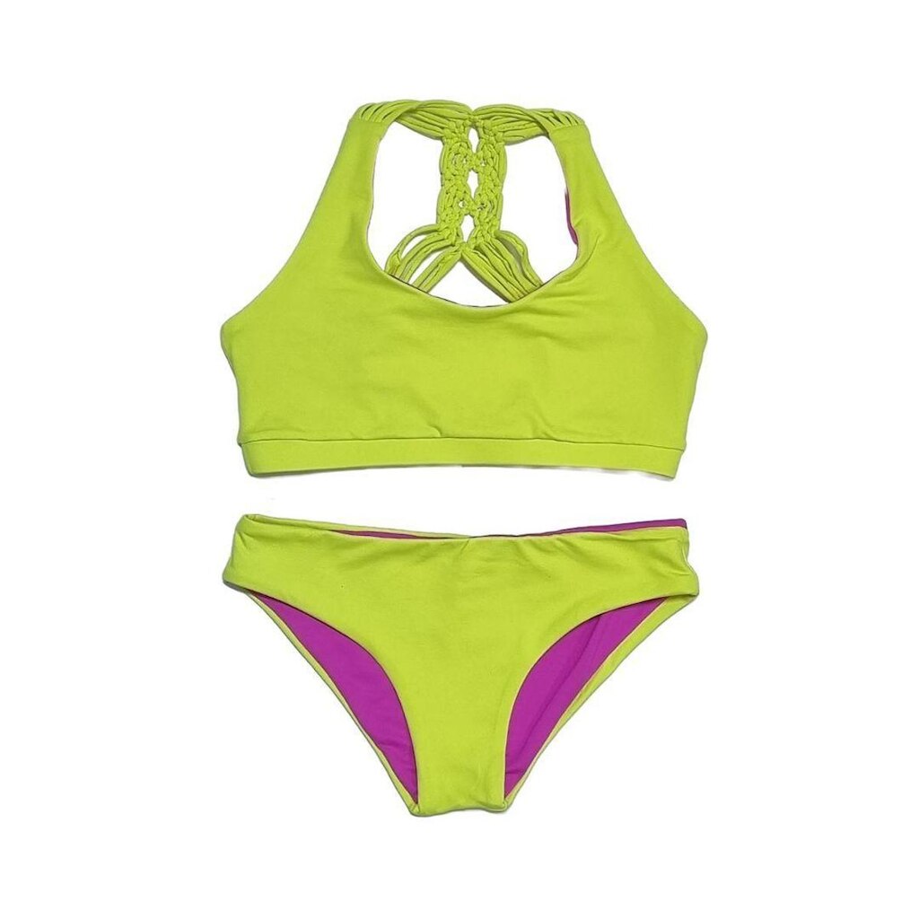 Biquíni  Lycra Proteção UPF50+ Top Atlético Macramê Verde Neon e Roxo  - Verão 2023