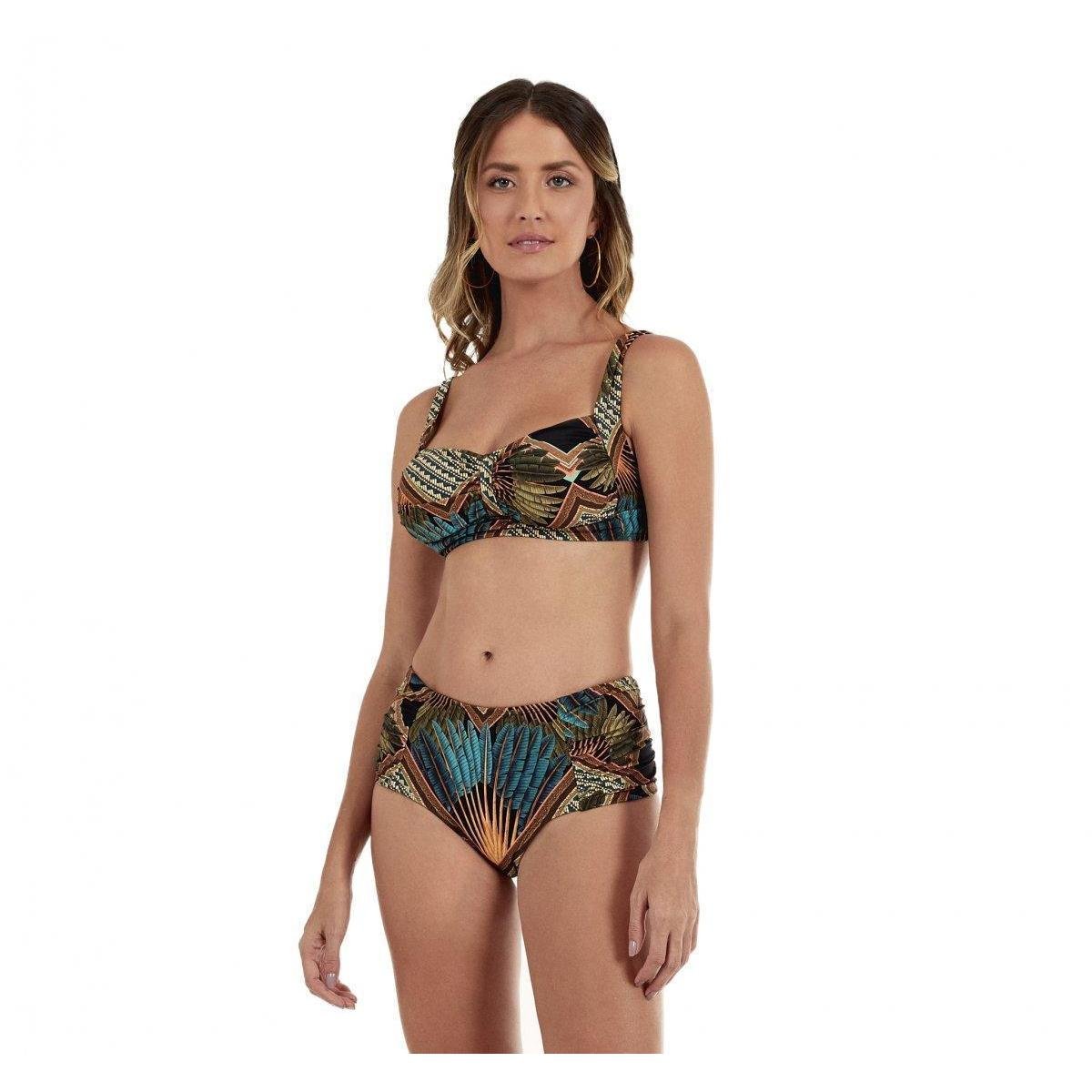 Biquíni New Beach poliéster drapeado verde e marrom
