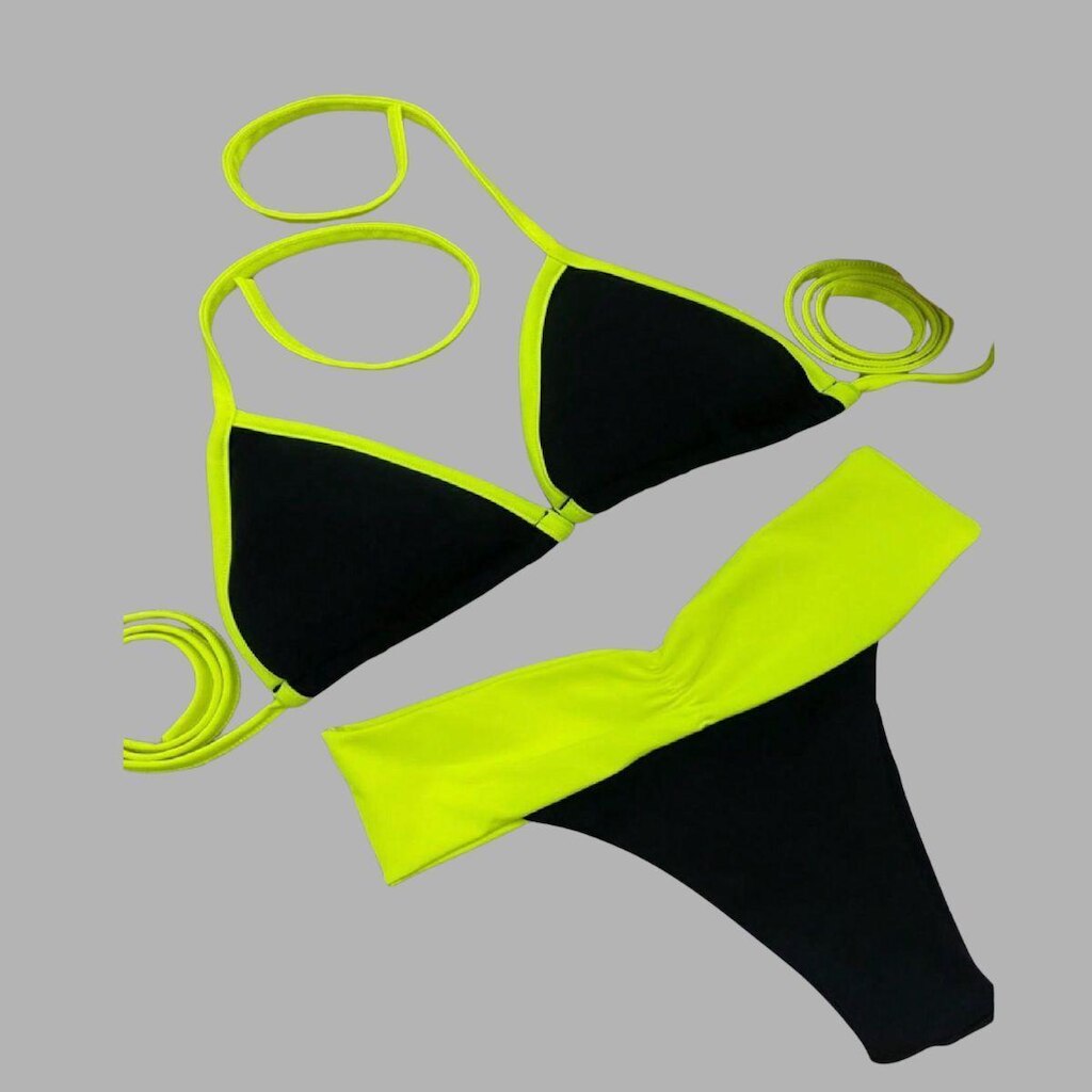 Biquíni Preto e Neon Limao Lipo Tecido Suplex Light Forro Bojo Linha Premium