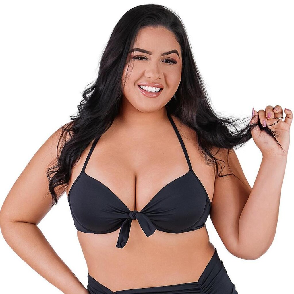 Biquíni Top Plus Size Preto Nó Frontal Com Bojo e Amarração