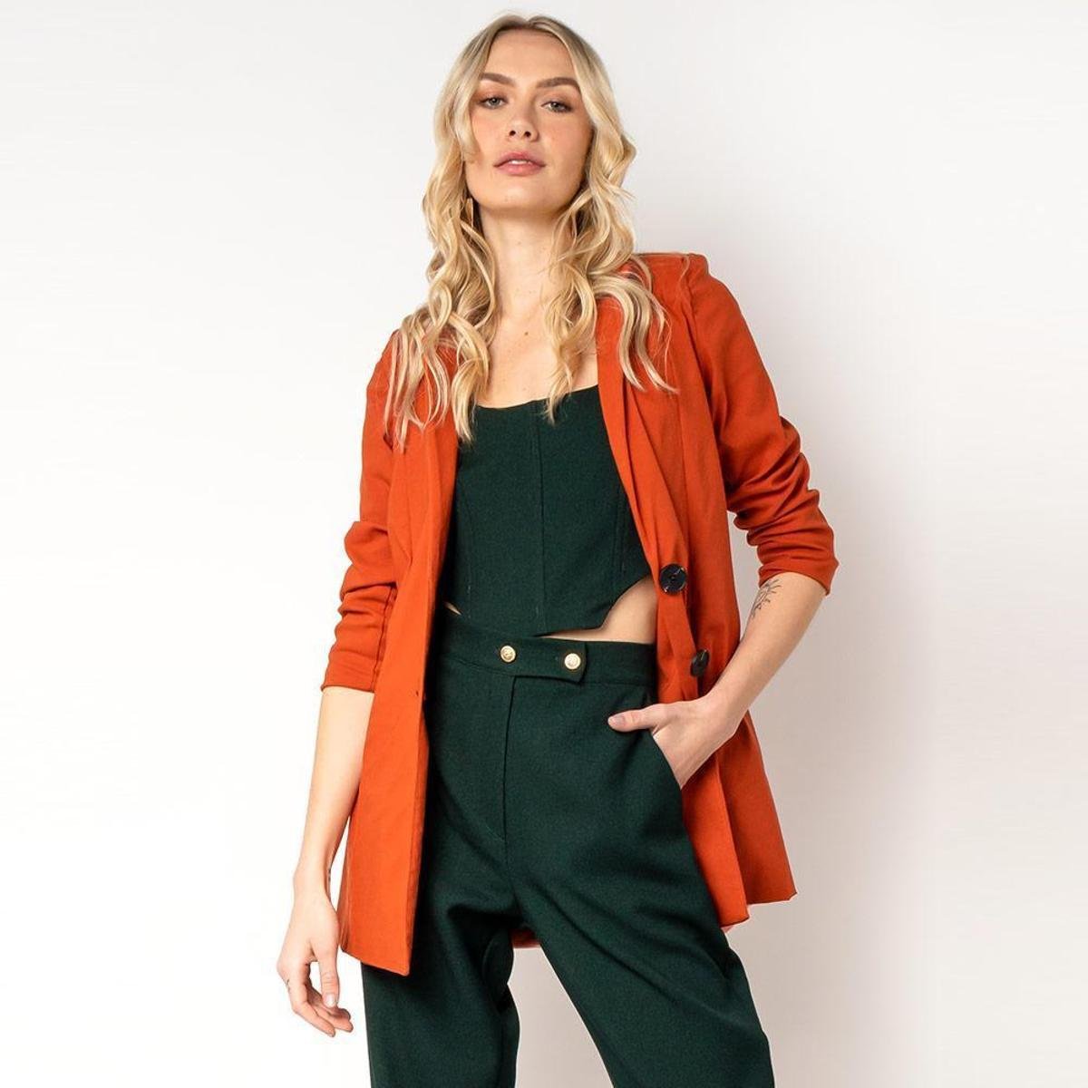 Blazer Amplo Elora Casual Feminino - Terracota Menor preço em Blazer Amplo Elora Casual Feminino - Terracota
