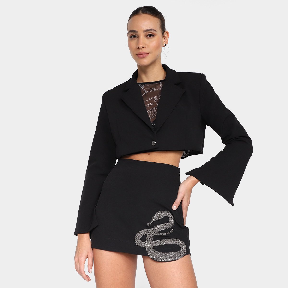 Blazer Cropped My Favorite Deathly Hallows Things Feminino - Preto Menor preço em Blazer Cropped My Favorite Deathly Hallows Things Feminino - Preto