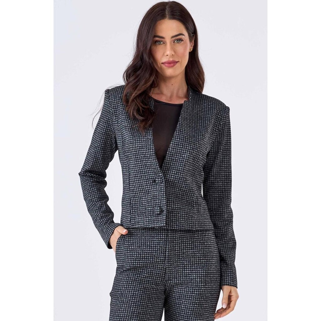 Blazer Curto PKS Alfaiataria Jacquard Pied De Poule