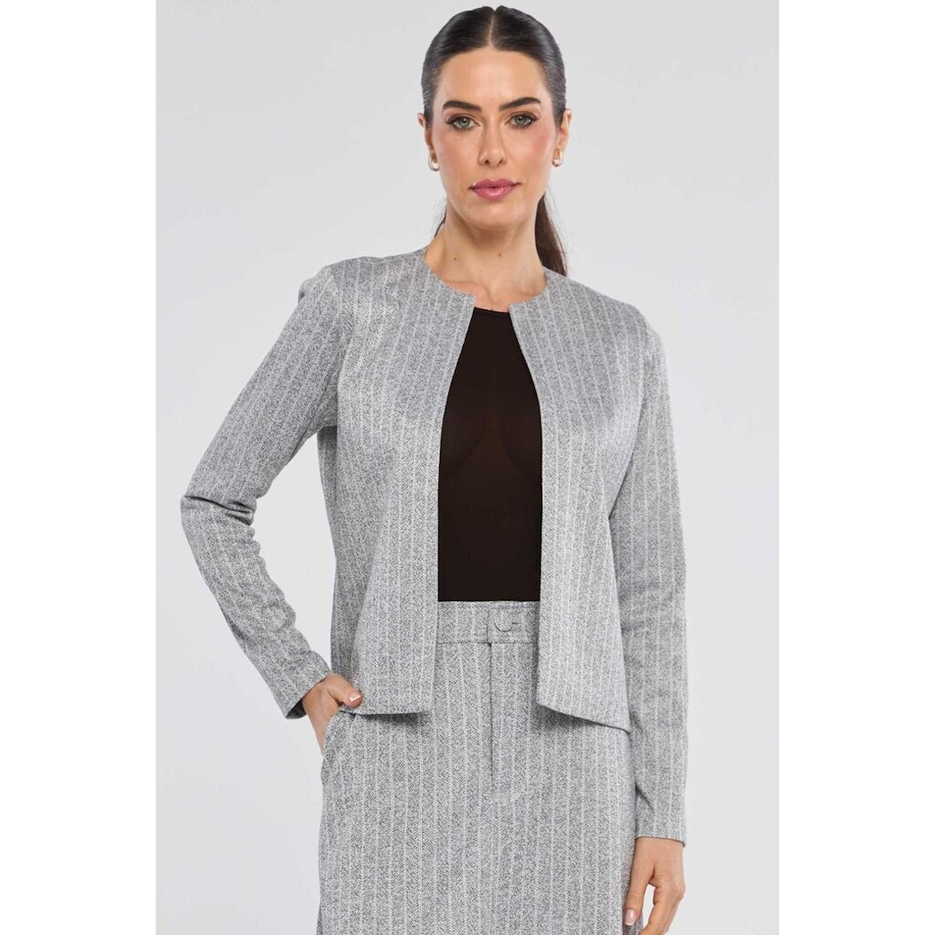 Blazer Curto PKS Alfaiataria Risca de Giz Cinza Claro