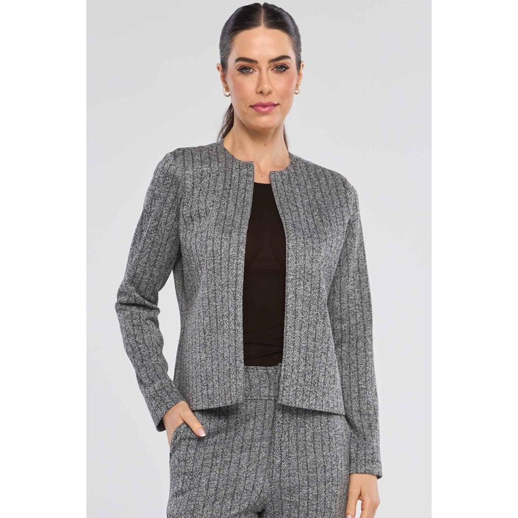 Blazer Curto PKS Alfaiataria Risca de Giz Cinza e Preto