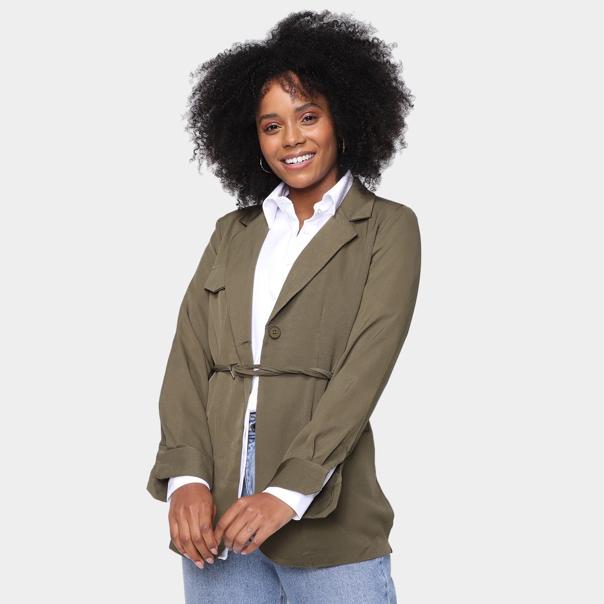 Blazer Extin Liso Tira Feminino - Verde Militar Menor preço em Blazer Extin Liso Tira Feminino - Verde Militar