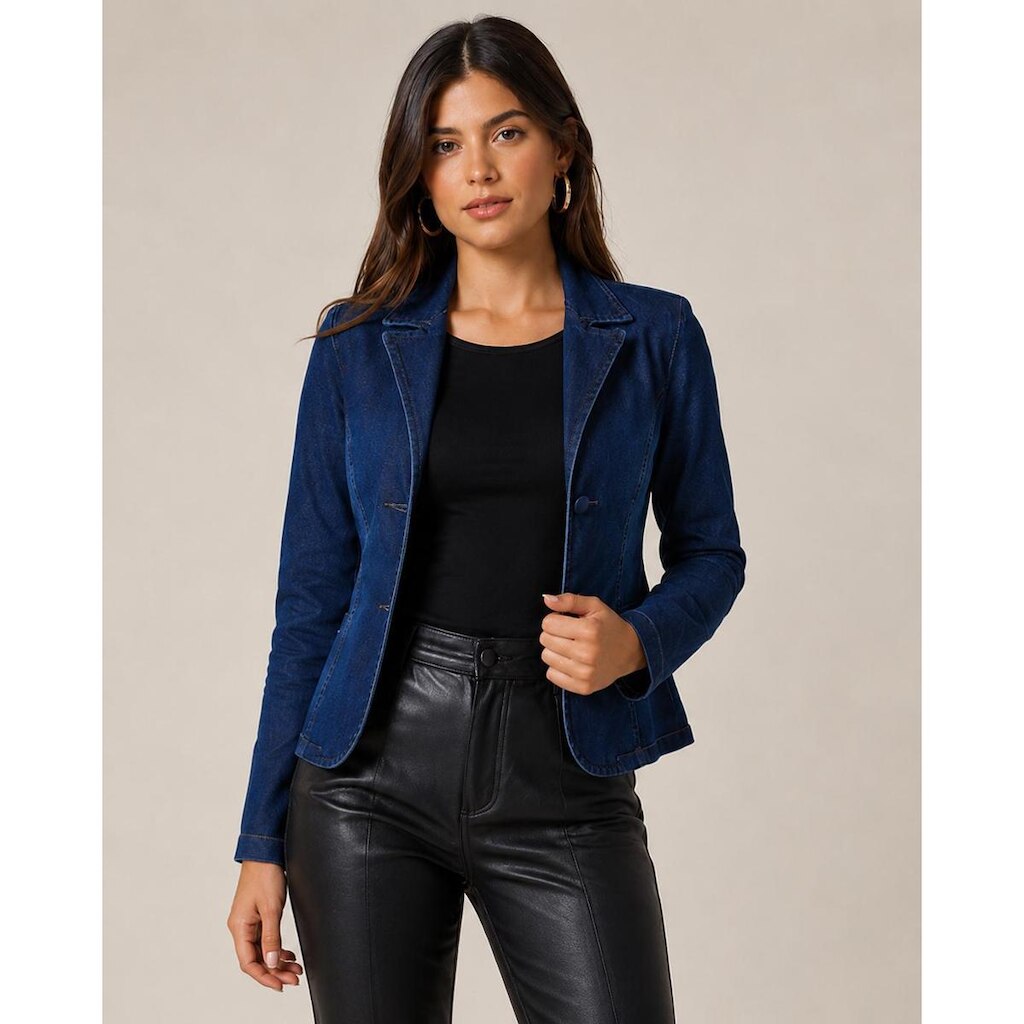 Blazer Jeans Feminino Acinturado Com Elastano Casual Social