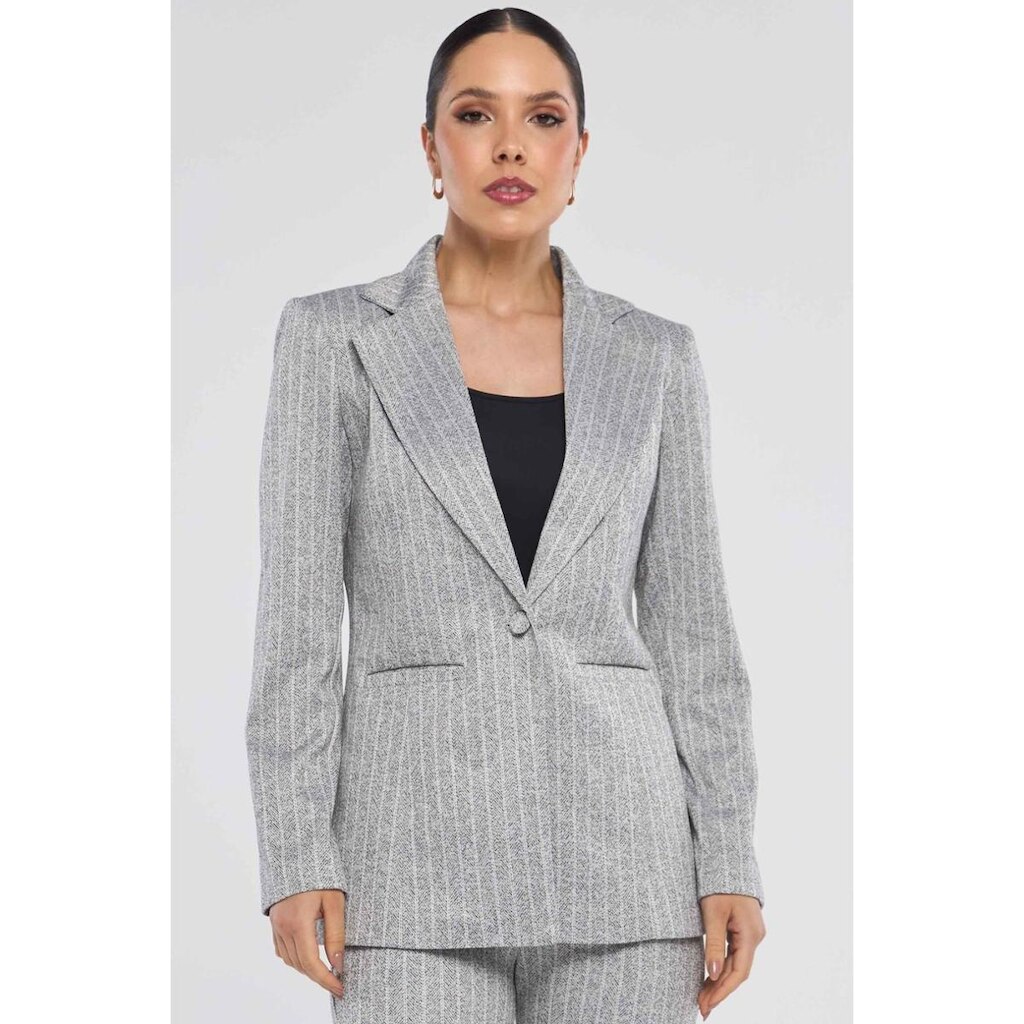Blazer PKS Alfaiataria Risca de Giz Cinza Claro