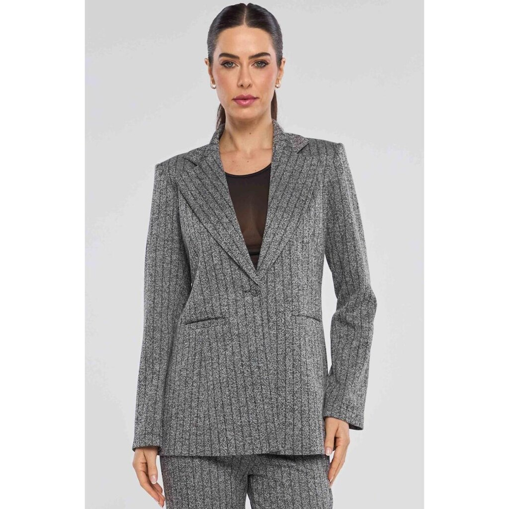 Blazer PKS Alfaiataria Risca de Giz Cinza e Preto