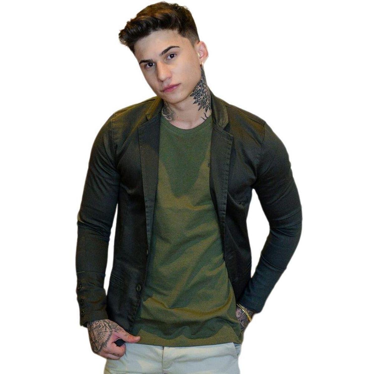 Blazer Sarja Esporte Slim Fit com Elastano Masculina - Verde Militar Menor preço em Blazer Sarja Esporte Slim Fit com Elastano Masculina - Verde Militar