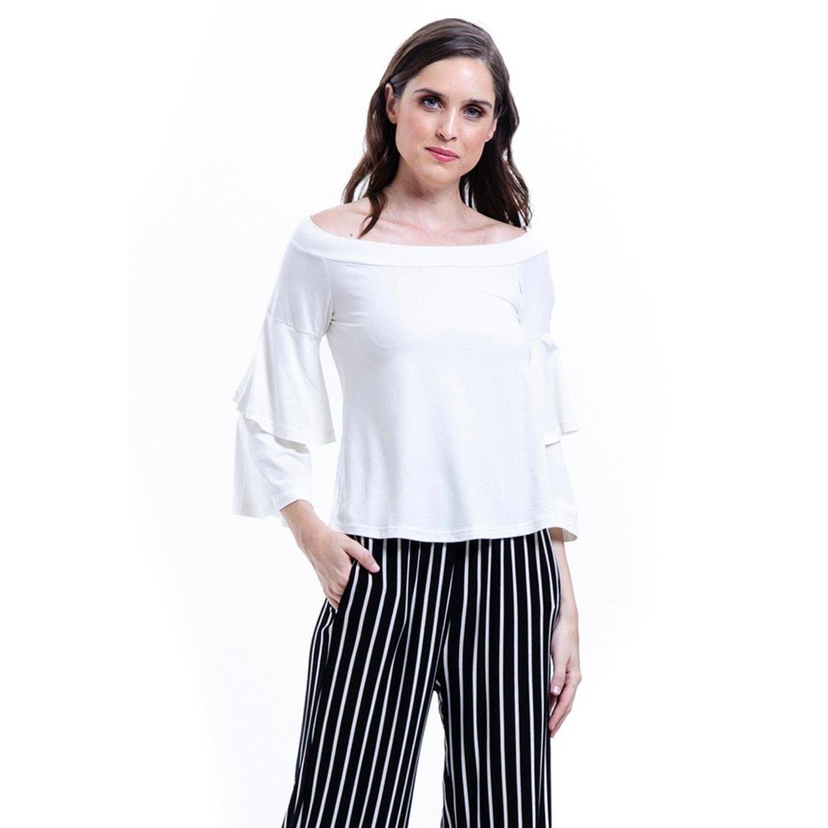 BLUSA 101 Resort Wear Viscoly Ombro A Ombro Mangas Flare Babados - Branco Menor preço em BLUSA 101 Resort Wear Viscoly Ombro A Ombro Mangas Flare Babados - Branco