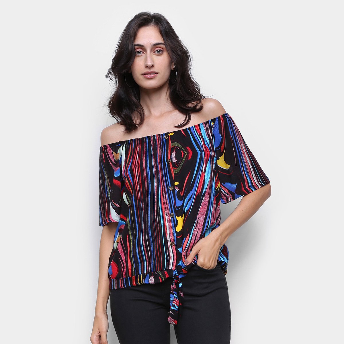 Blusa Água Viva Ombro A Ombro Multicolor Feminina - Estampado Menor preço em Blusa Água Viva Ombro A Ombro Multicolor Feminina - Estampado