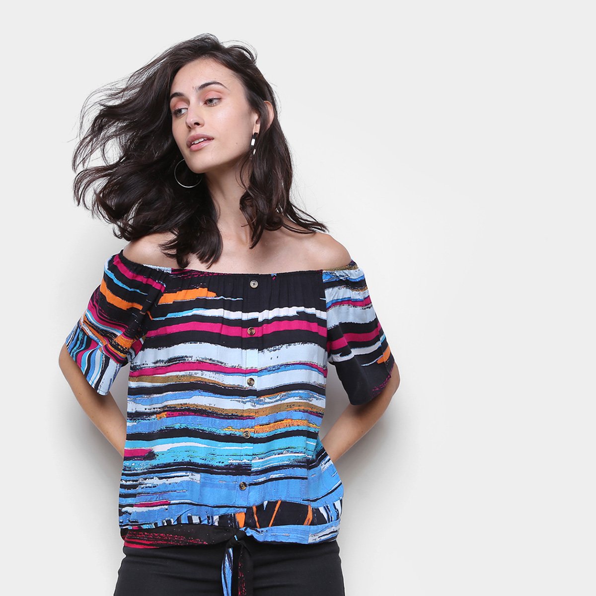 Blusa Água Viva Ombro A Ombro Multicolor Feminina - Azul Claro Menor preço em Blusa Água Viva Ombro A Ombro Multicolor Feminina - Azul Claro