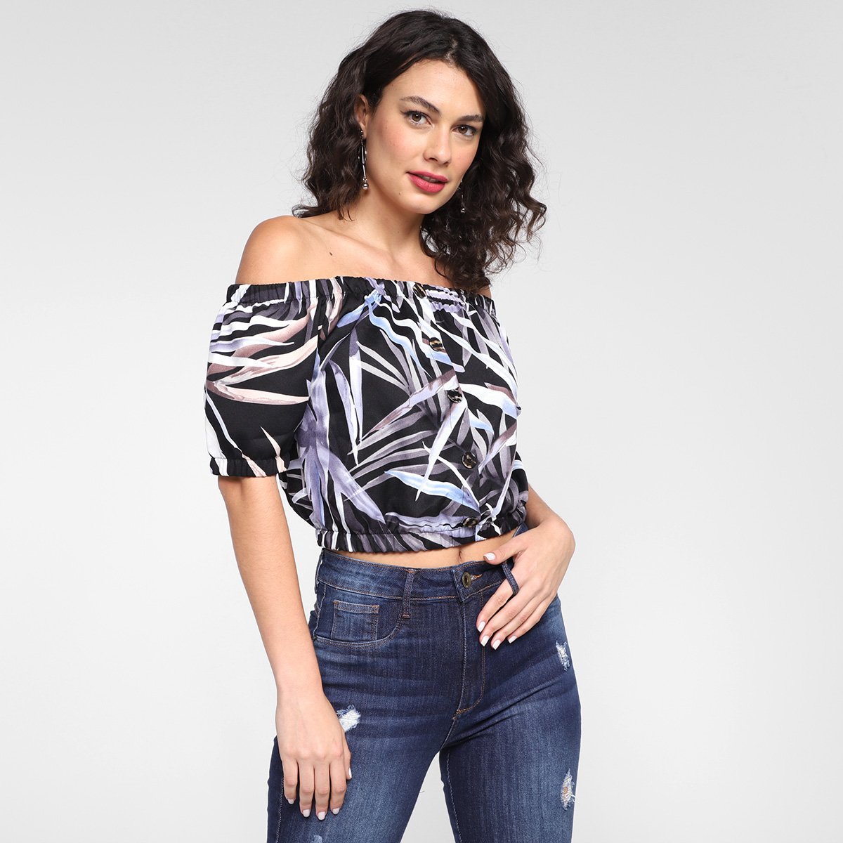 Blusa Aishty Ombro a Ombro Feminina - Preto+Azul Menor preço em Blusa Aishty Ombro a Ombro Feminina - Preto+Azul