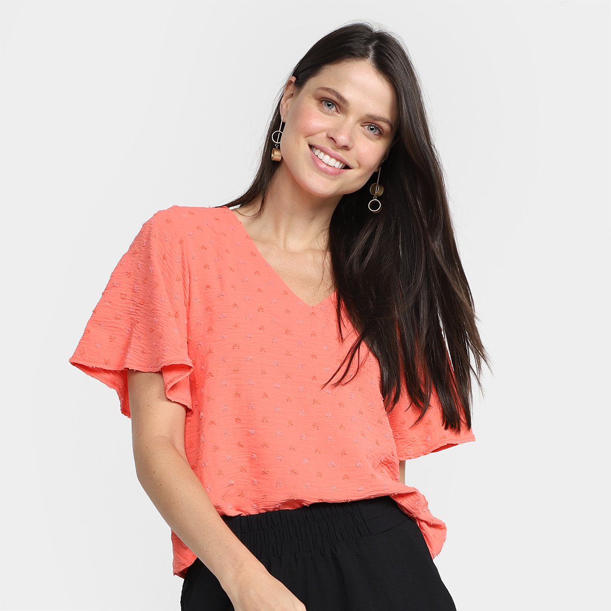 Blusa Aisthy Bordada Manga Ampla Feminina - Coral Menor preço em Blusa Aisthy Bordada Manga Ampla Feminina - Coral