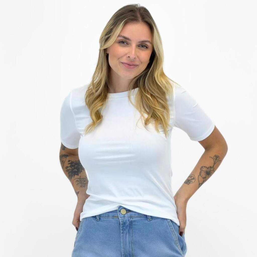 Blusa Alpelo Canelada Manga Curta Gola Redonda Feminina