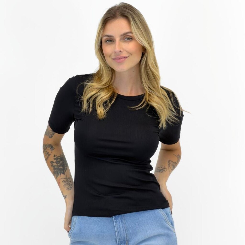 Blusa Alpelo Canelada Manga Curta Gola Redonda Feminina