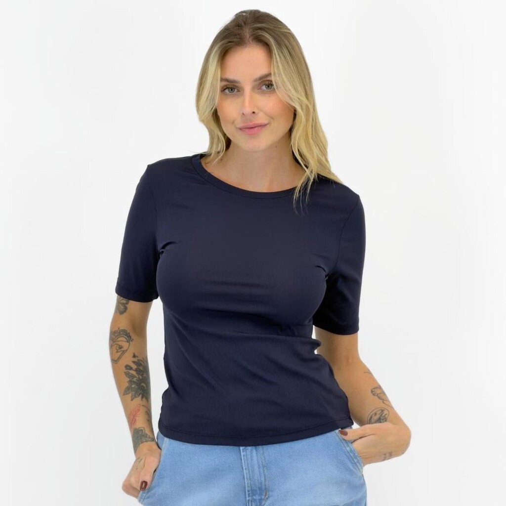 Blusa Alpelo Canelada Manga Curta Gola Redonda Feminina