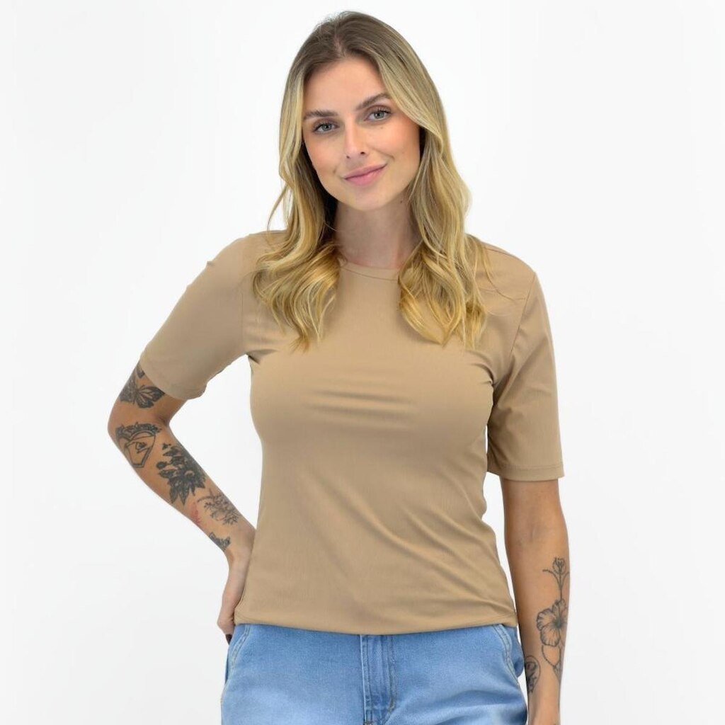Blusa Alpelo Canelada Manga Curta Gola Redonda Feminina