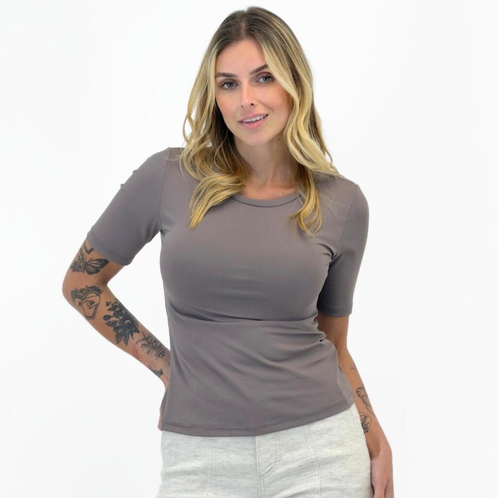 Blusa Alpelo Canelada Manga Curta Gola Redonda Feminina
