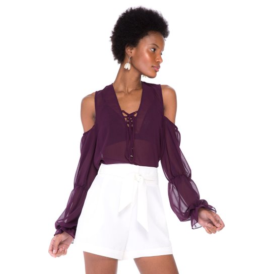 Blusa Amaro De Chiffon Recorte Ombro - Roxo