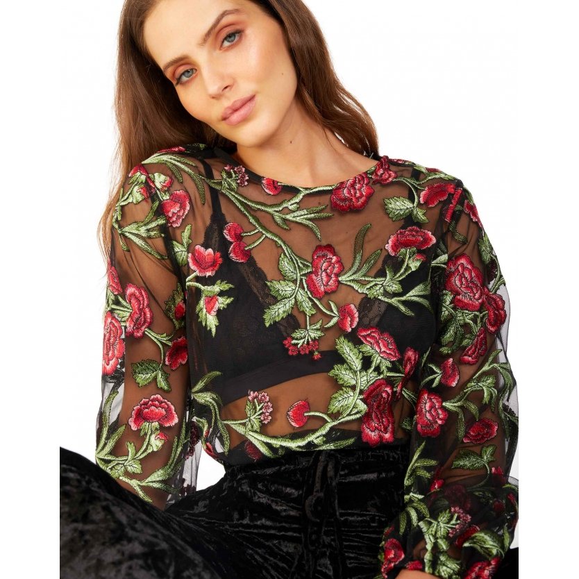 Blusa Amaro Tule Bordado Manga Longa Feminina Zattini